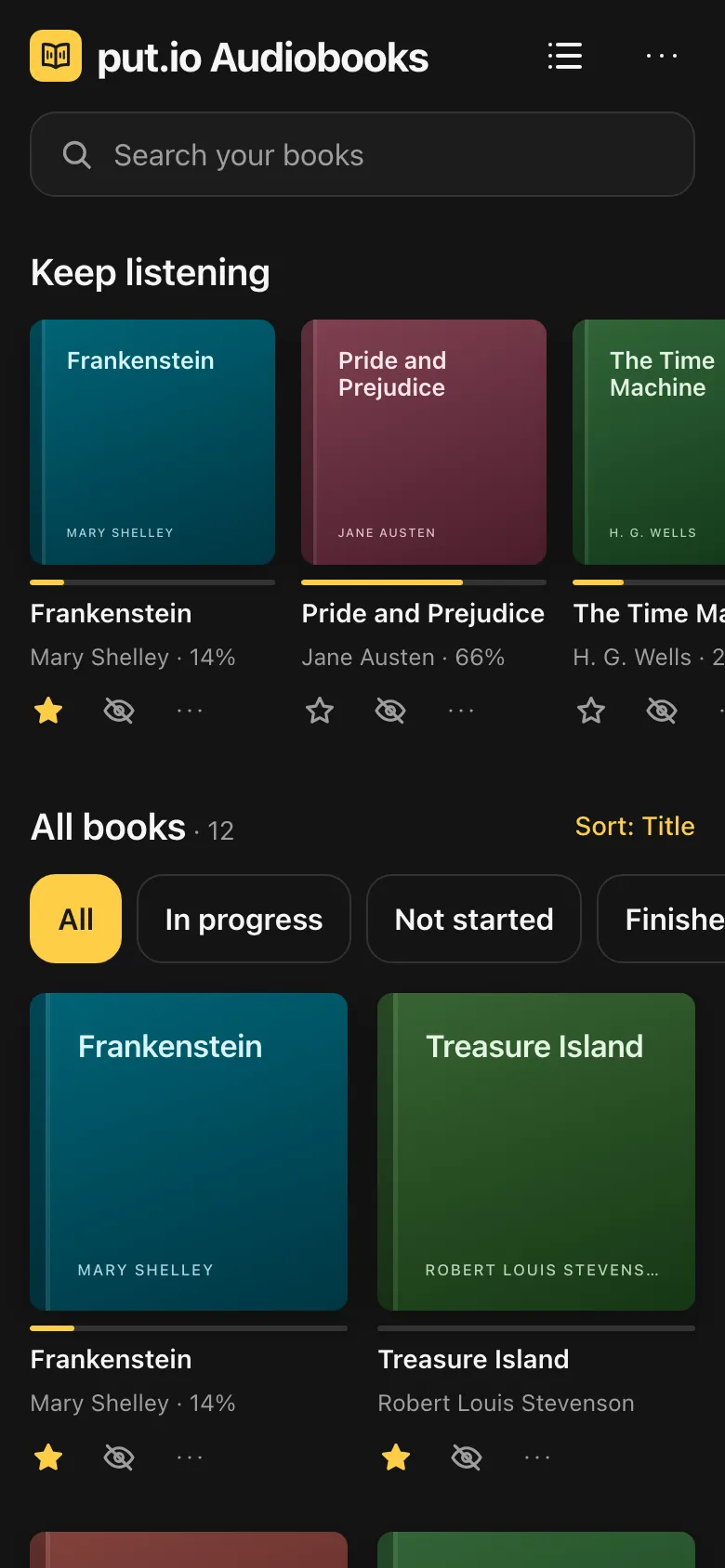 Library as a cover grid, with a Keep listening shelf