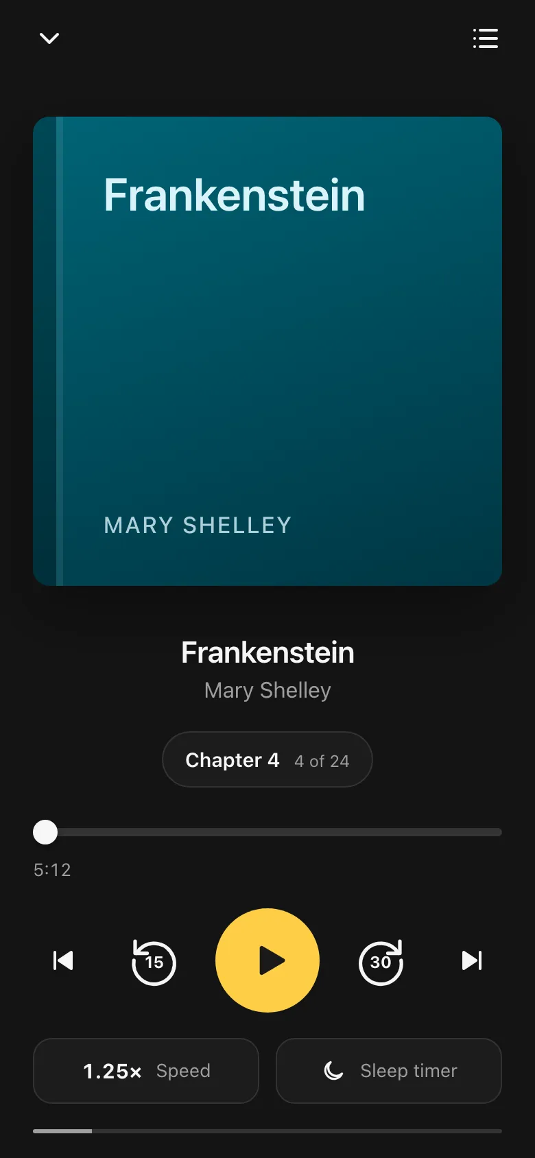 Player with chapter, skip, speed and sleep timer controls